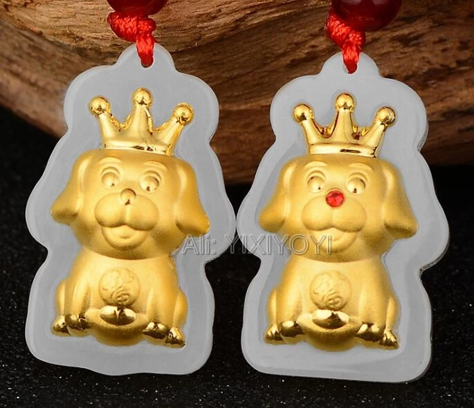 Natural White Hetian Jade Solid Gold Cute Crown Dog Design Lucky Dangle Pendant + Necklace Luxury Charm Fine Gift Jewelry