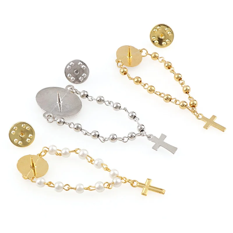 6 Pieces Random Religious Pearl Beads Chain Brooches Gold Silver Color Chain With Pearl Beads For Clothes Lapel Pin