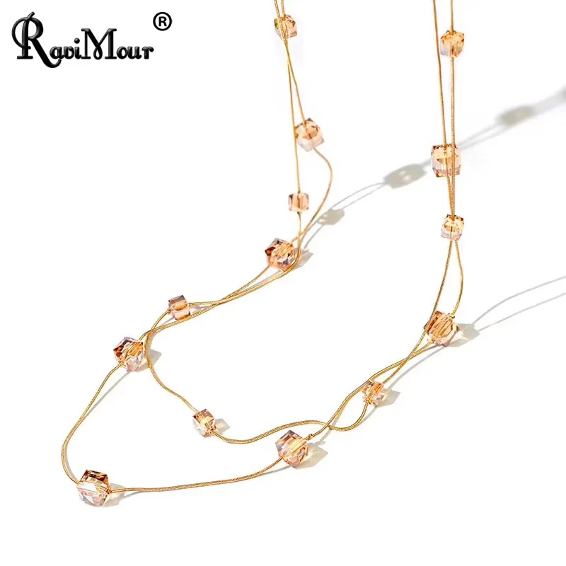 RAVIMOUR Crystal Long Necklace for Women Fashion Gold Color Chain Multilayer Maxi Necklaces & Pendants Chokers Jewelry 2017