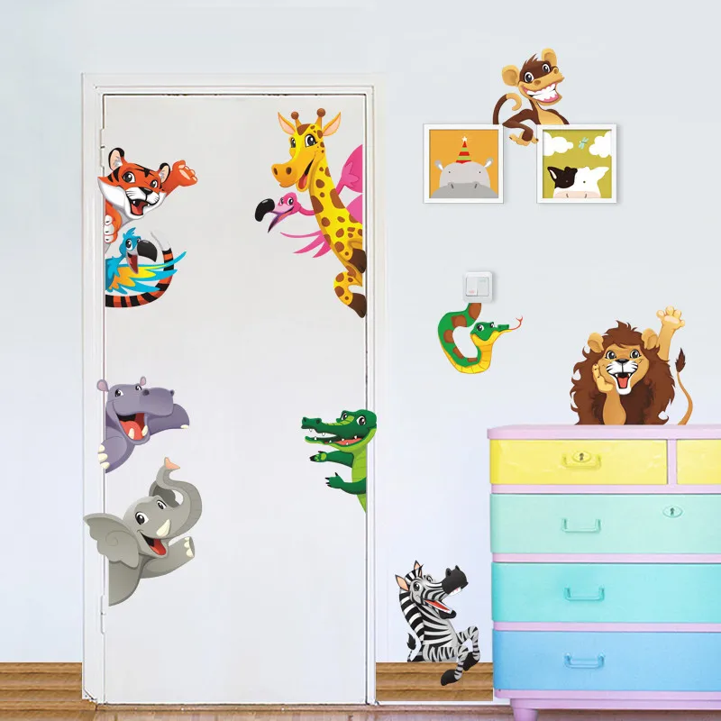 3d Cartoon Animals Door Stickers For Kids Room Bedroom Home Decoration Diy Safari Wall Decal Lion Elephant Zebra Mural Art