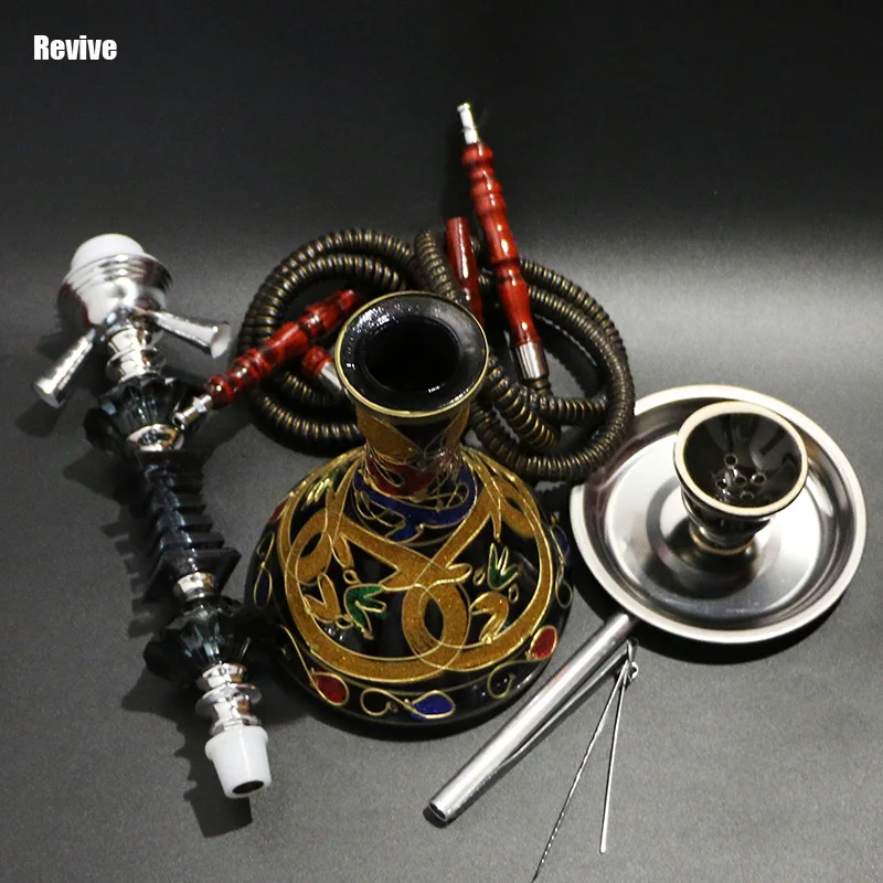 Revive Glass Narguile Hookah Complete Set Black Red 52 CM Shisha 2 Hoses Ceramic Smoking Bowl Nargile Chicha Flower Water Pipe