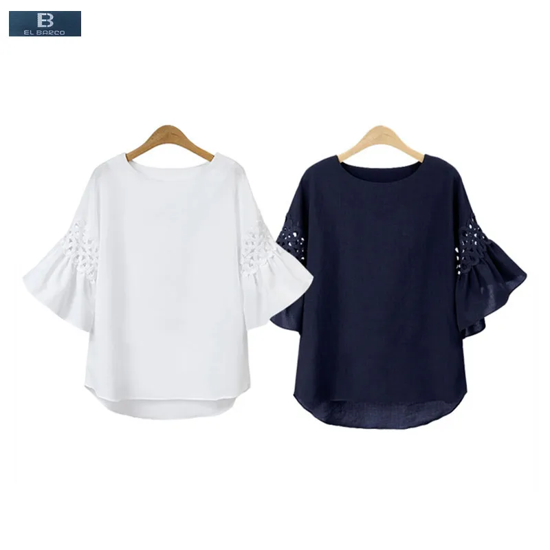 [EL BARCO] 2017 New Cotton Linen Chiffon Women Summer Blouse Shirts Hollow-Out Soft Lace White Blue Casual Tops Plus Size M-3XL