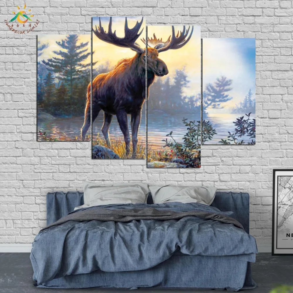 Wall Art Prints Canvas Painting Modular Picture And Poster Moose Animal Canvas Painting Decoration Home 4 PIECES