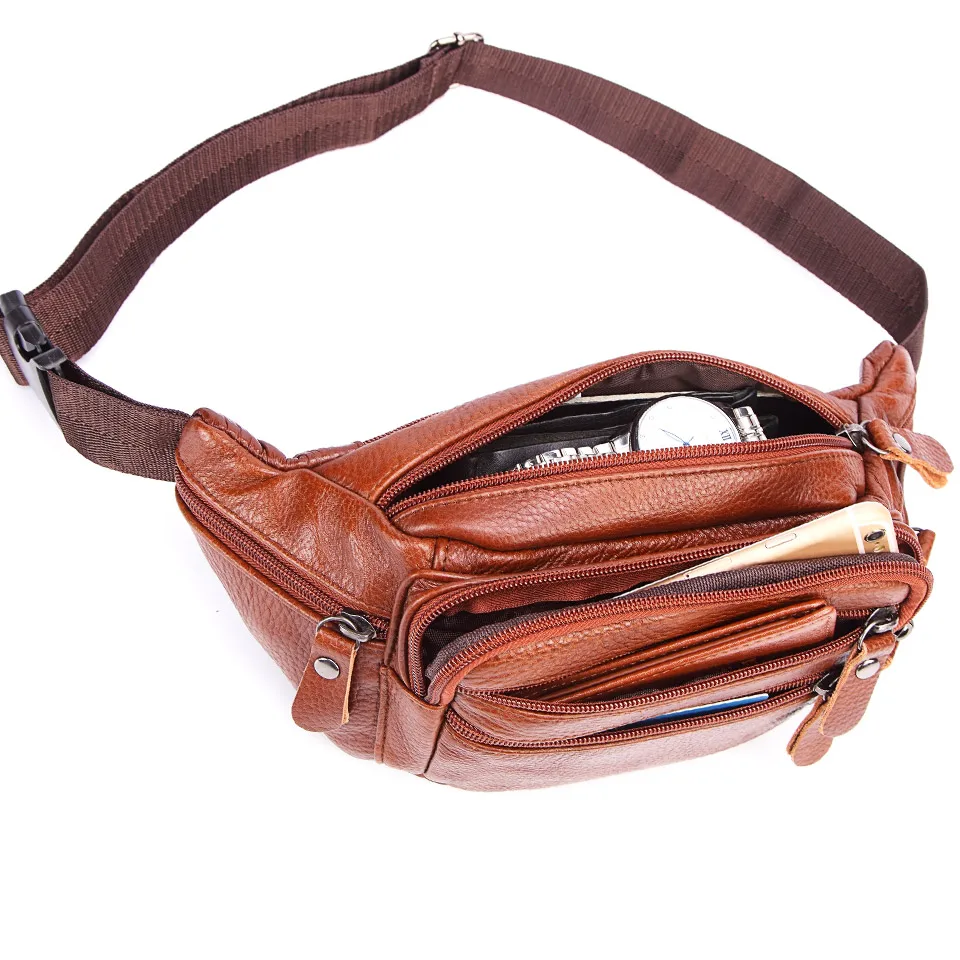 New 2019 Genuine Leather Waist Packs Fanny Pack Belt Bag Phone Pouch Bags Travel Waist Pack Male Small Waist Bag Leather Pouch