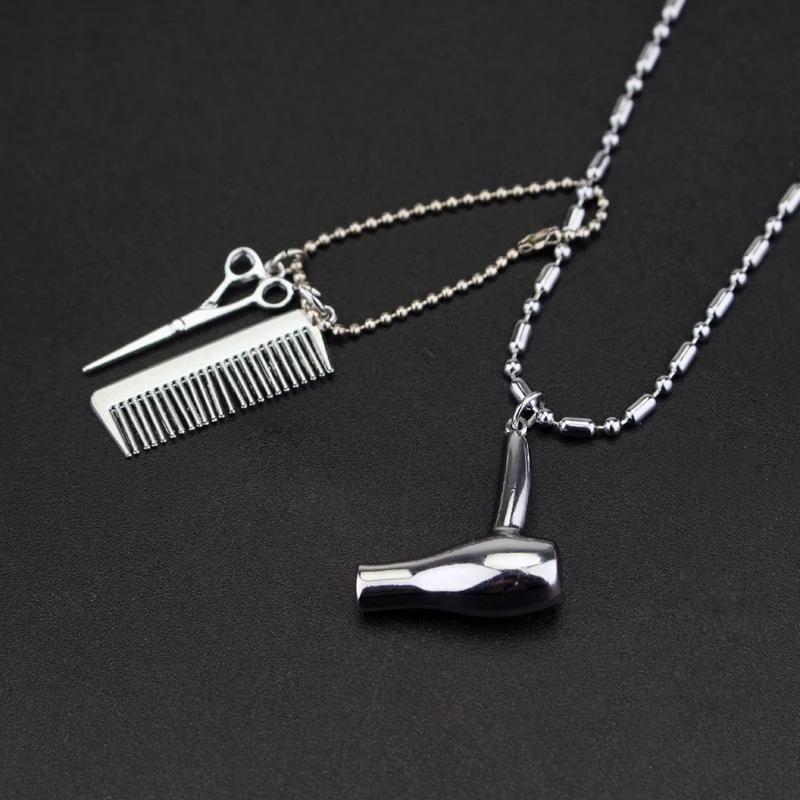 New Design Comb Hair Drier Necklace with Barber Scissors Pendant Charm Bead Chain Necklace Silver Color Color