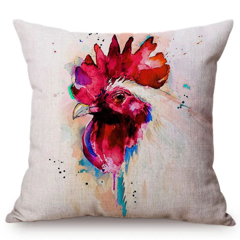 Nordic Watercolor Rooster Home Decorative Sofa Cushion Cover Vintage Farm Animals Ink Painting Cotton Linen Throw Pillow Cover