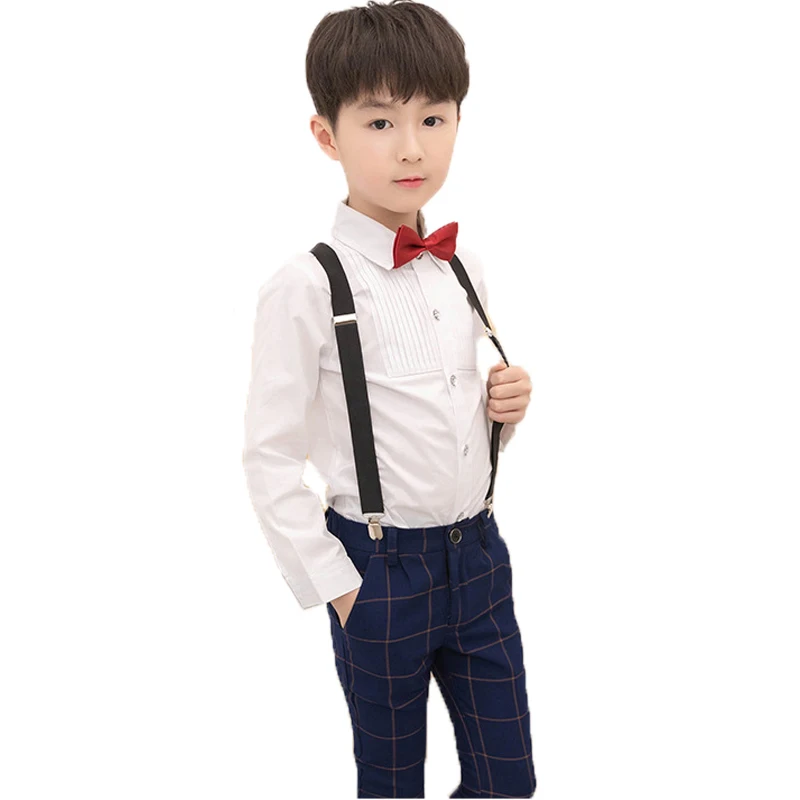 

kids Suit For Boys Formal Wedding Set Prince School student Dress Gentleman Kids Strap Shirt Pants Bowtie 4Pcs ceremony Costume