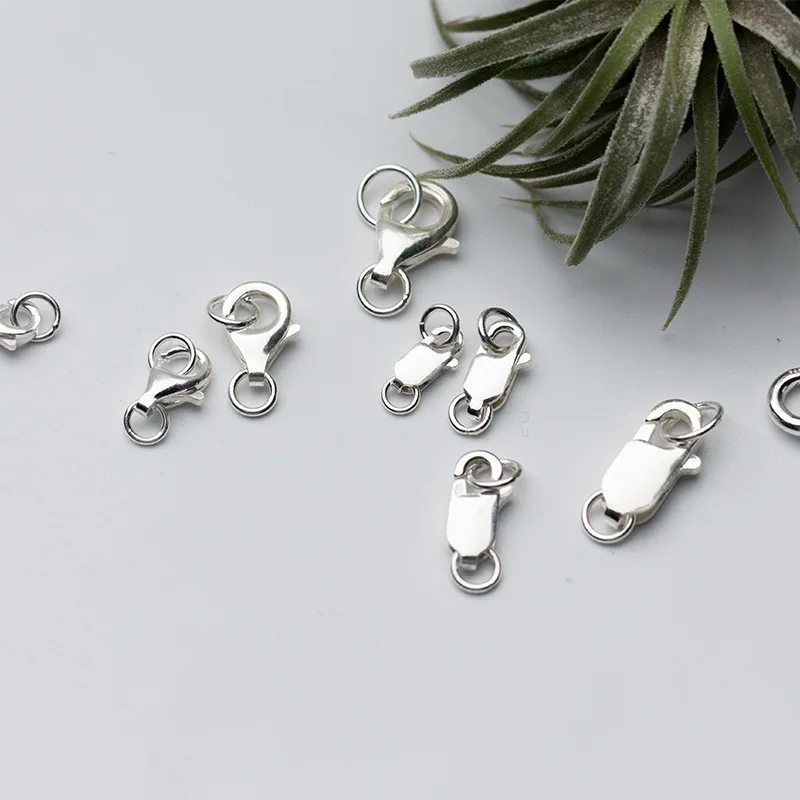 1pc 100% 925 Sterling Silver Lobster Clasp With Rings Multi Size Square/Round Spring Clasps Connector DIY Fine Jewelry Making