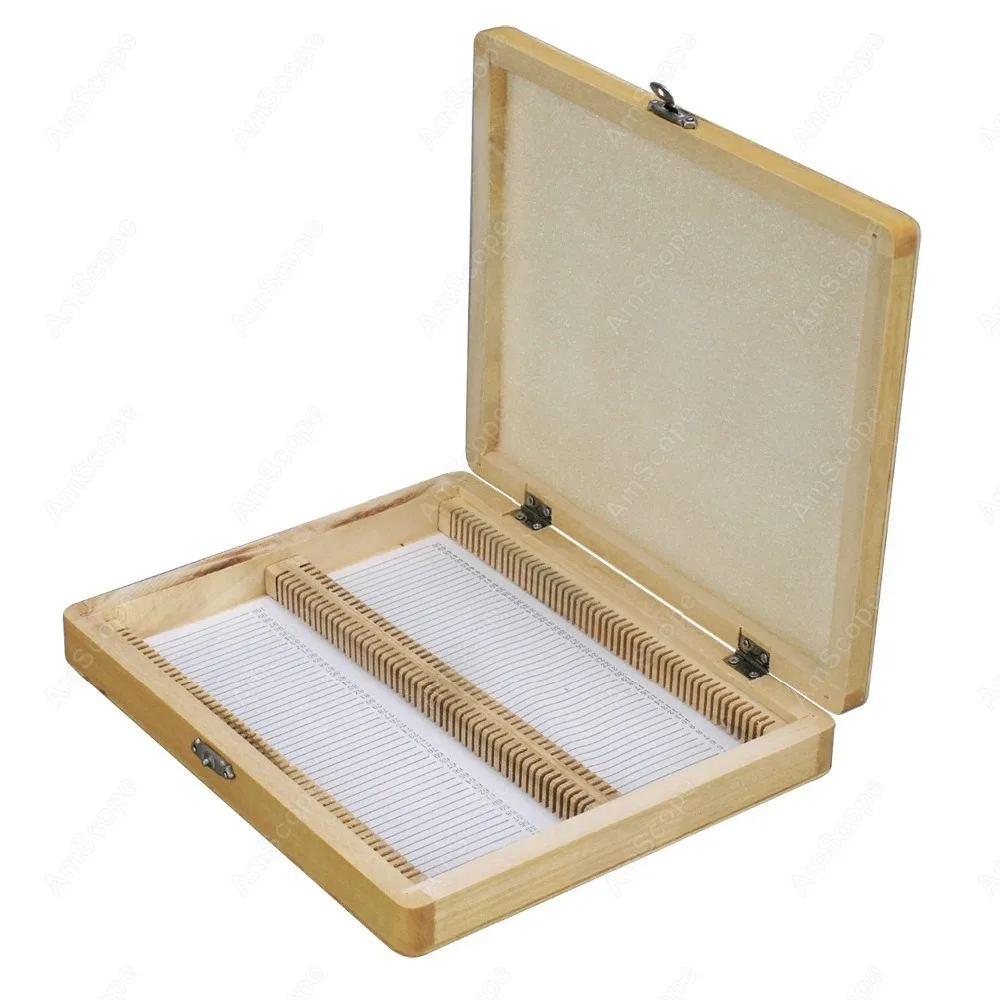 Slide for Microscope-AmScope Supplies Microscope Slide Wooden Box Holding 100 Piece Slides SKU: PS100-WB