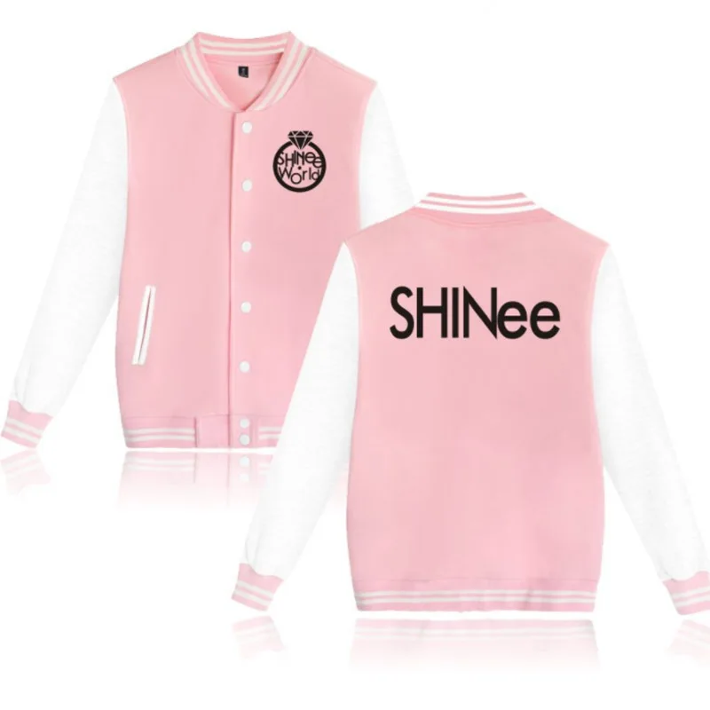 

Winter Ladies Bomber Jackets Korean KPOP SHINEE Pink Baseball Uniform Students Coat Long Sleeve Zip-up Fleece Hoodie Sweatshirt