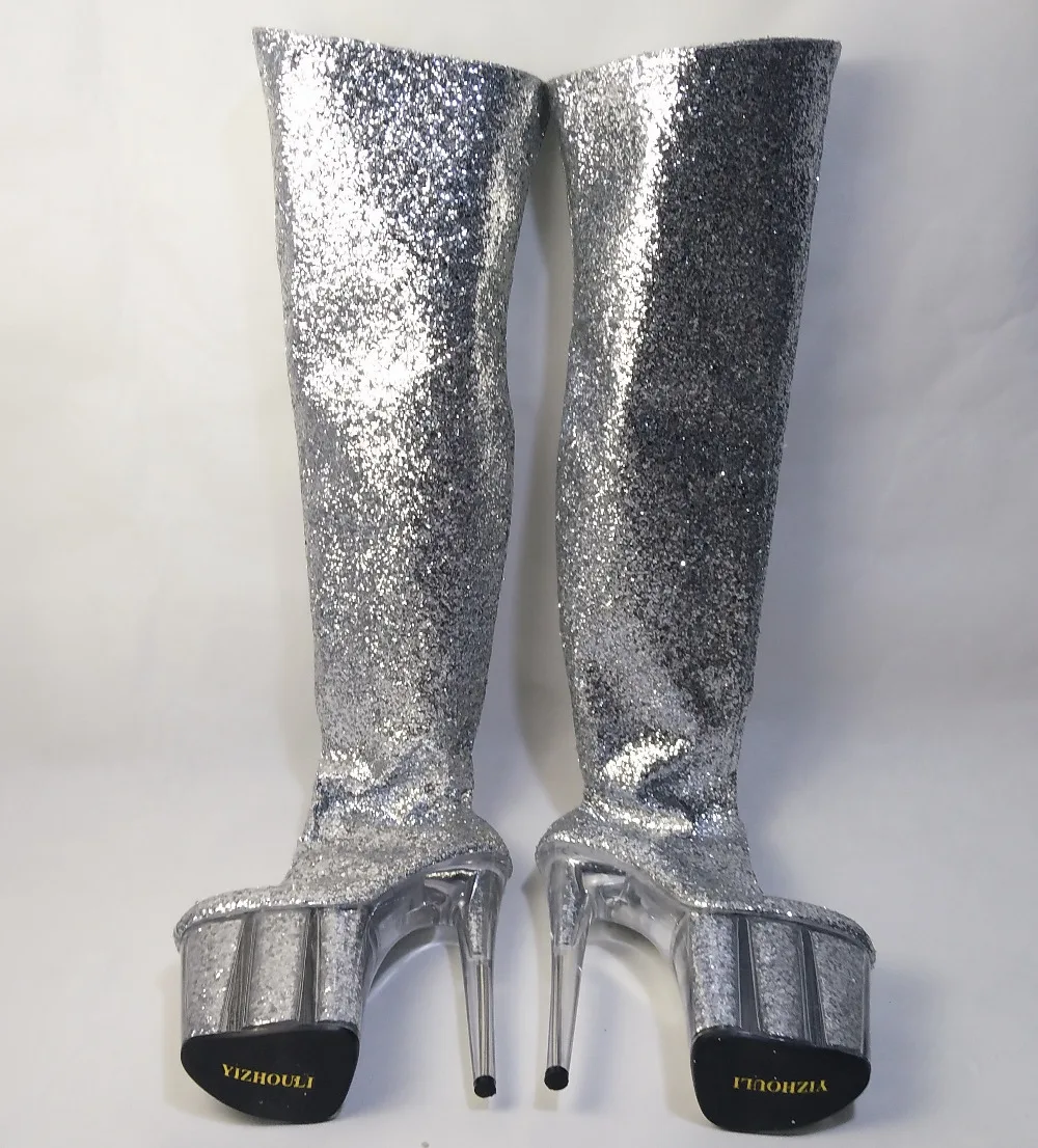 Shining Silver 20CM Ultra High Heels Boots Barreled Platform PU Leather 8 Inch Performance Shoes Sexy Dance Shoes