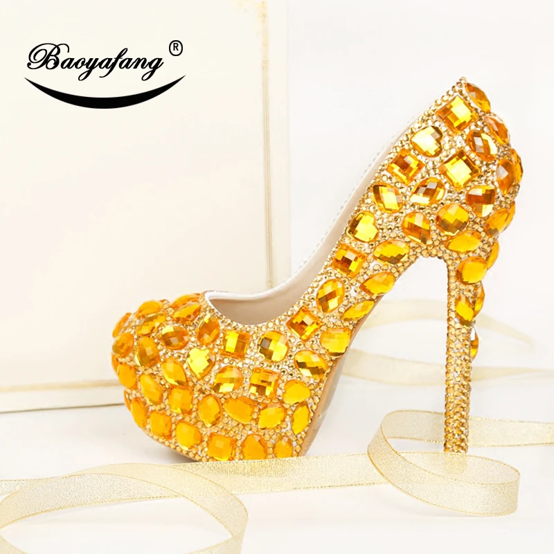 

BaoYaFang Golden Women crystal Wedding shoes woman brand shoes High heel fashion ladies shoes High platform shoes woman