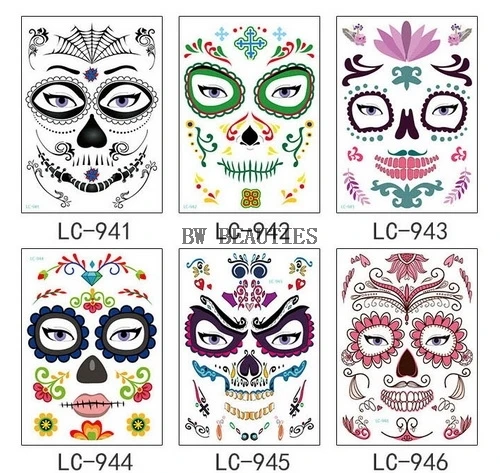 

1000 Pcs/Lot New Fashion Face Halloween Cool Beauty Tattoo Waterproof Hot Temporary Tattoo Stickers Cosplay Party