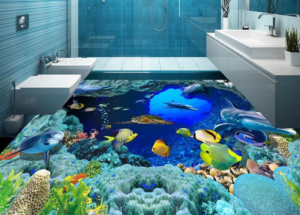 3d flooring Marine creature coral dolphin 3D floor painting 3d wallpaper pvc 3d floor painting wallpaper