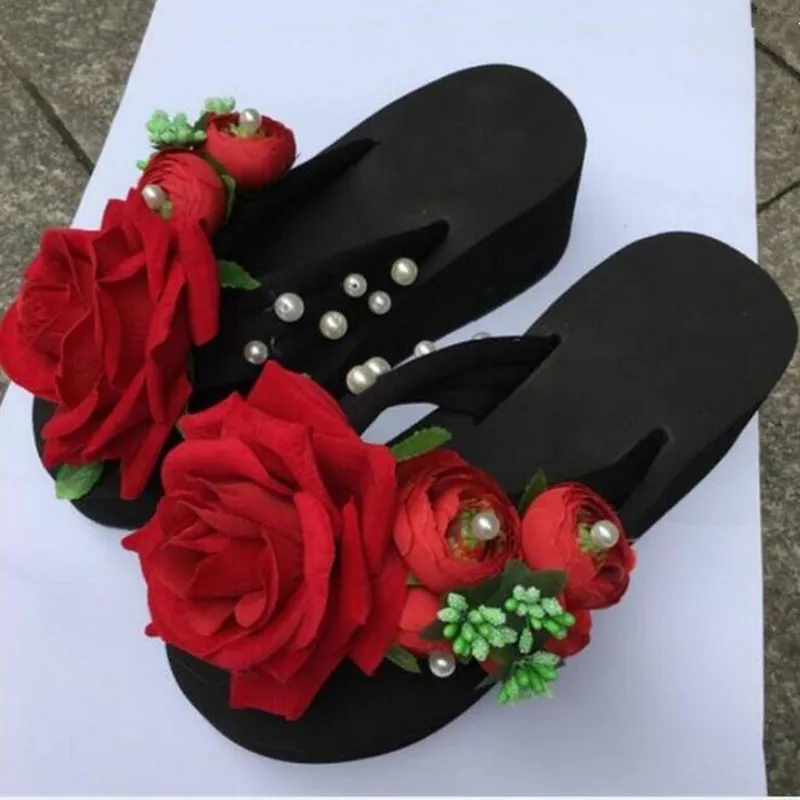 Most Popular 2024 New Original Handmade Flowers pearl Flip-Flops Summer Women Shoes Sandals Platform Wedges Shoes Woman Sandals