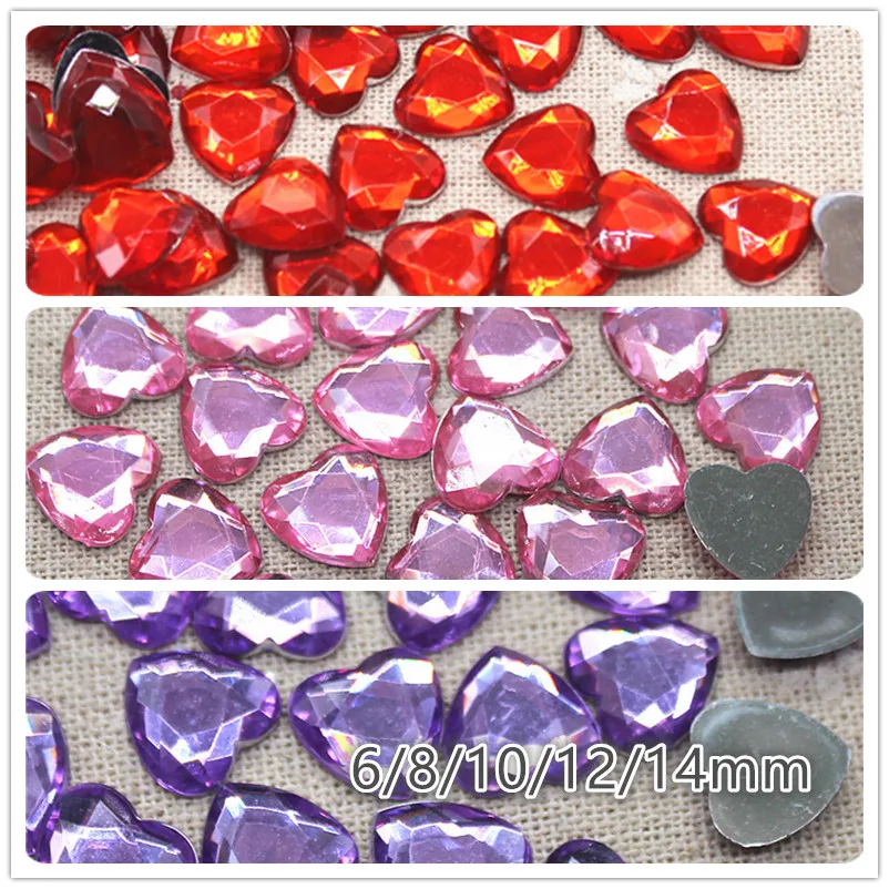 6/8/10/12/14mm red/pink/purple Facets flat back Acrylic rhinestone stone heart decoration DIY craft no hole