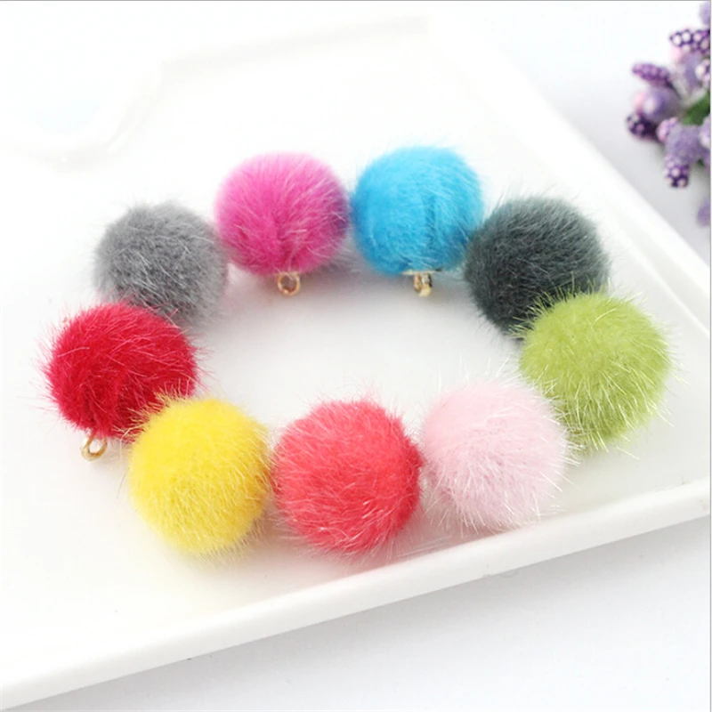 

10pcs/lot 16mm Imitation Mink Fur Round Ball Hair Beads Tassel with Ring Charms Pendant For Earring Bracelet DIY Jewelry Making