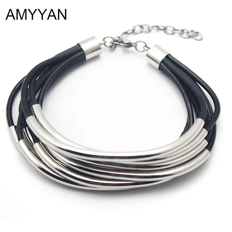 

Fashion Handmand Silver Color Tube Charm Bracelet Multilayers Leather Bracelet Best Present Bangles & Bracelets Stainless Steel