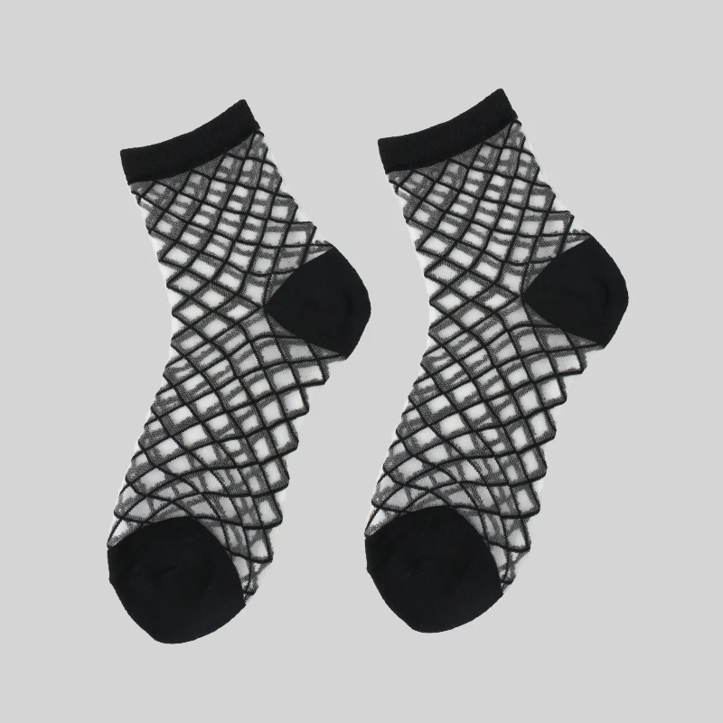 DONG AI 2 Pairs Sexy Grid Mesh Fishnet Ankle Socks Women Hollow Short Black Sock Ladies Sweet Mesh Net Yarn Thin Women Cool Sox