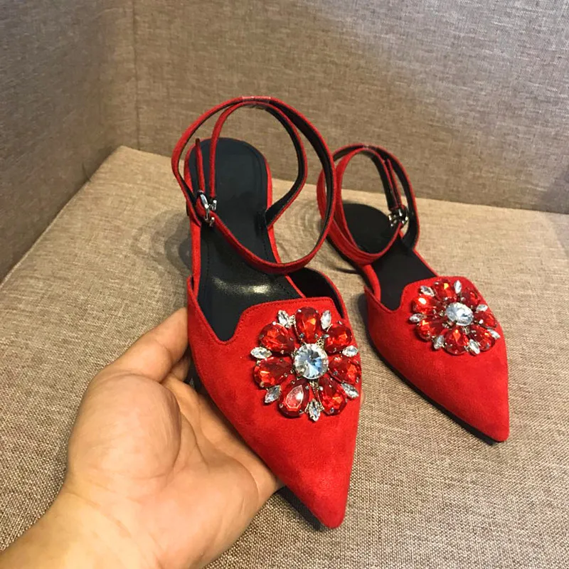 sandalias mujer 2019 spring summer red black crystal pointed toe ankle strap ladies chunky heels sandals pumps stripper shoes