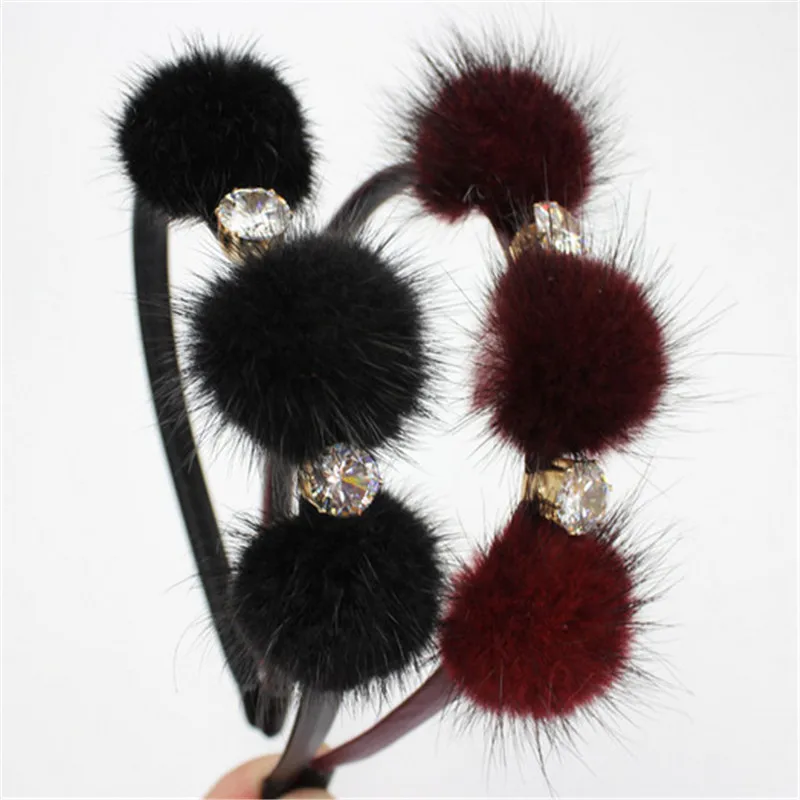  New genuine fur pomp bow with gems elegant women headband fashion women romantic winter hair accessories