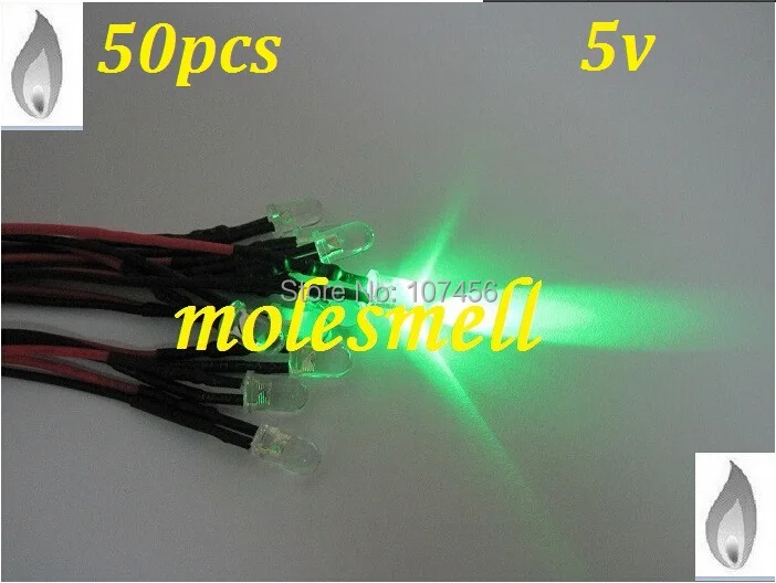 

Free shipping 50pcs 5mm green Flicker 5V Pre-Wired Water Clear LED Leds Candle green Light 20CM