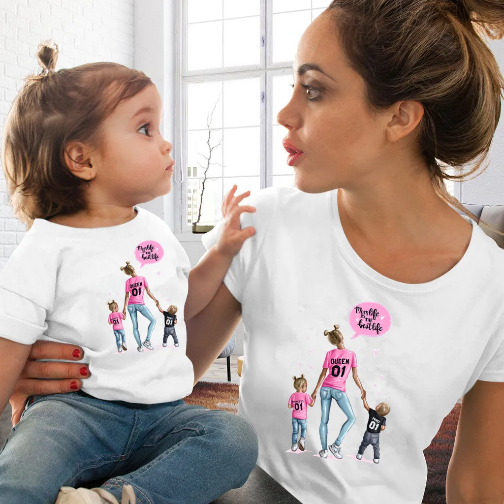 2020 New Funny Matching Mother and Daughter Clothes Summer Short Sleeve White Soft T-shirt Family T Shirt Plus Size