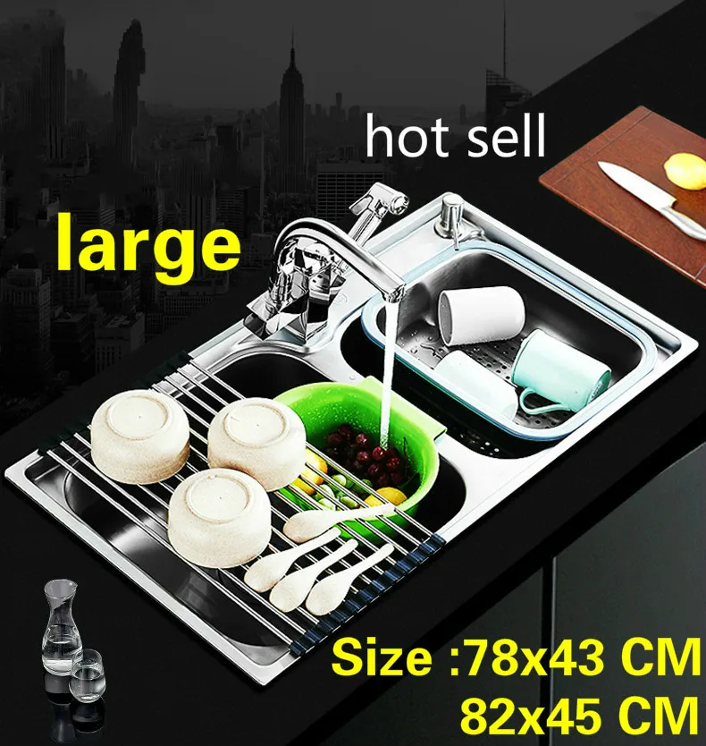 

Free shipping Apartment large kitchen double groove sink do the dishes 304 stainless steel hot sell luxury 78x43/82x45 CM