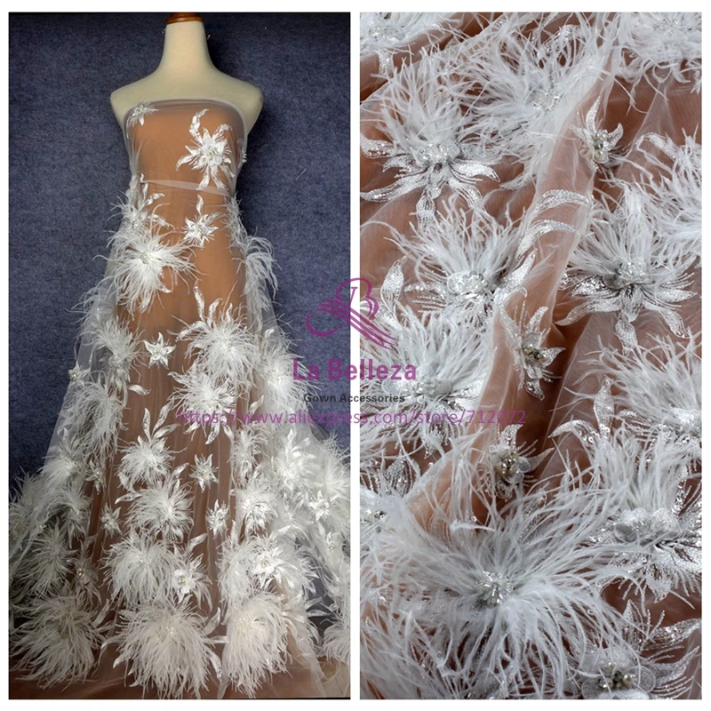 La Belleza New Upscale glittering heavy 3D flowers feather beaded crystal wedding/evening dress lace fabric 1 yard