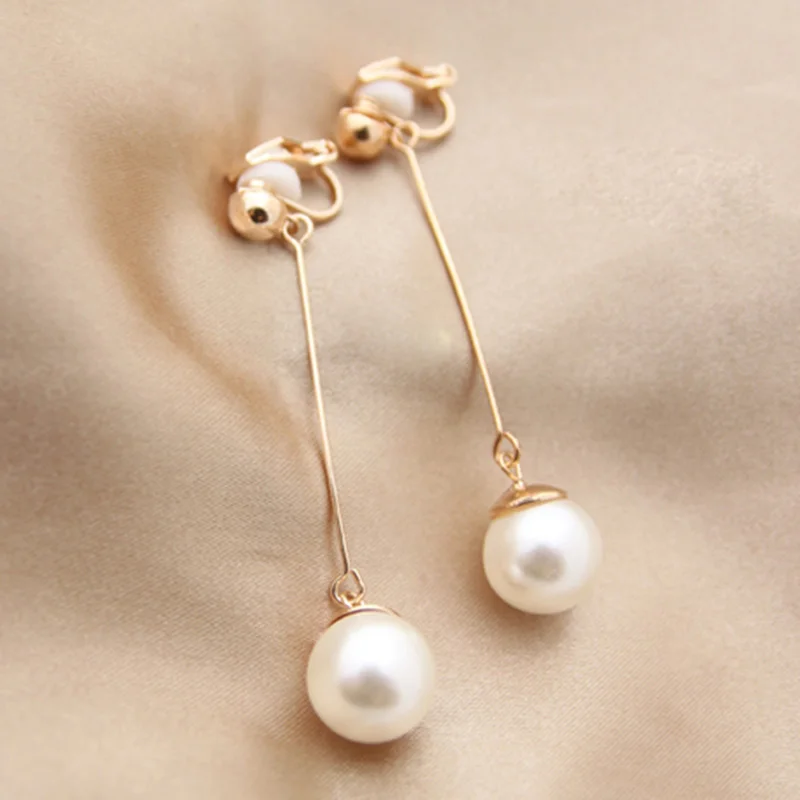 Korea Style Simulated Pearl Long  Clip on Earrings Without Piercing for Girls Party Weddings Cute Jewelry Gift No Hole Ear Clip