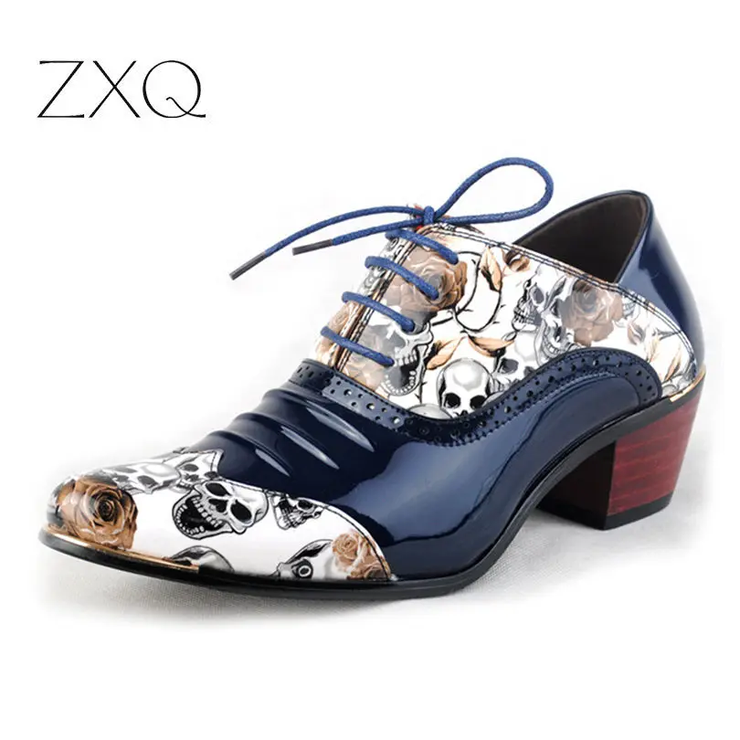 Luxury Height Increasing Patent Leather Oxfords Shoes Men Skull Pattern Party Wedding Shoes Thick heel Men\'s Dress Shoes