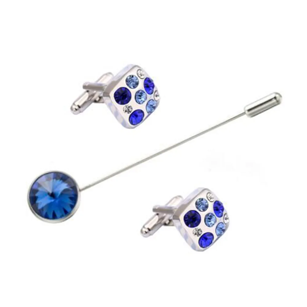 VAGULA Brooch Cufflinks Set  Blue Crystal Gift Pin Business Uniform Pin Men  Jewelry Spinki Gemelos 10