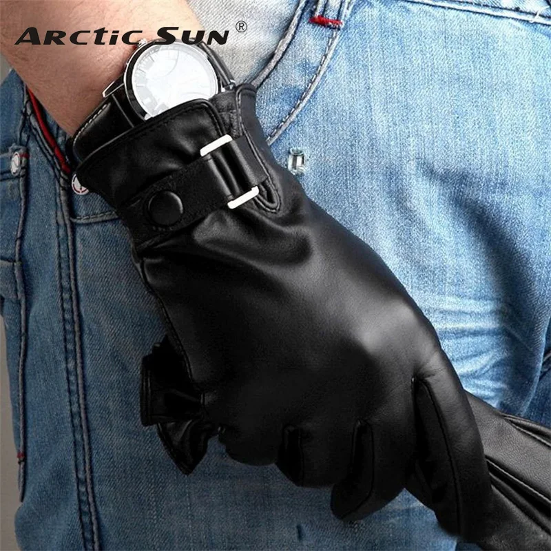 Fashion Men Genuine Leather Gloves Black Sheepskin Glove Autumn Winter Plus Velvet Thermal Driving Gloves M013NC