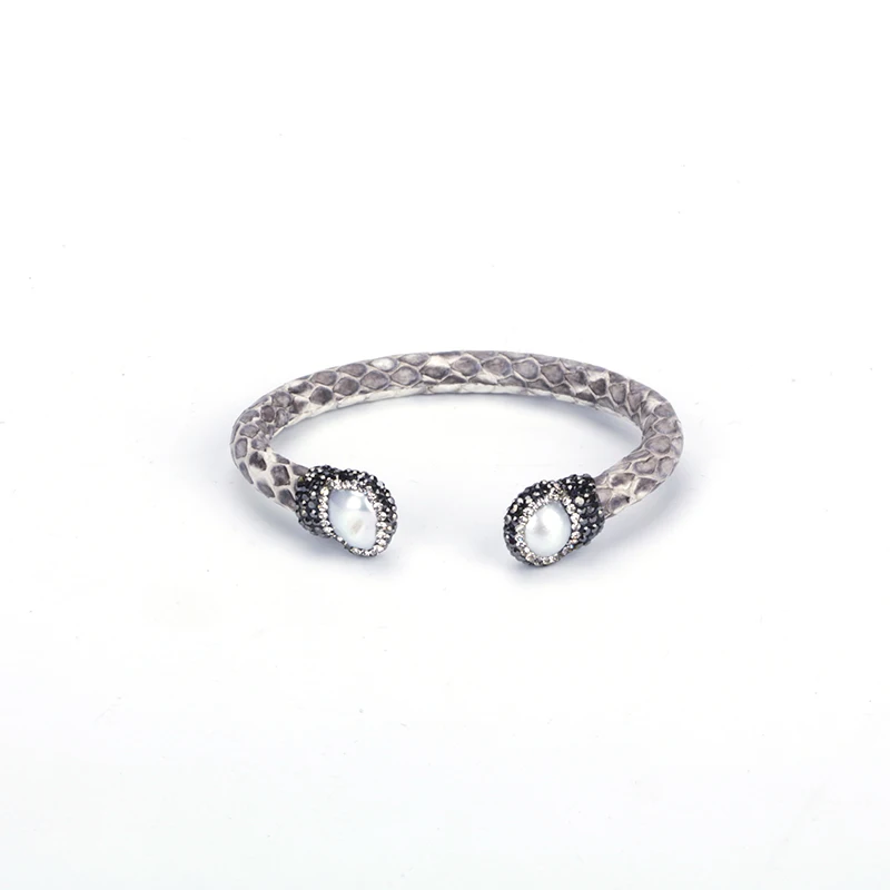 New Freshwater Pearl Bead Charm Pave Rhinestone Grey Rose Dark Blue Real Leather Adjustable Wrap Open Bangle Bracelet Cuff Women