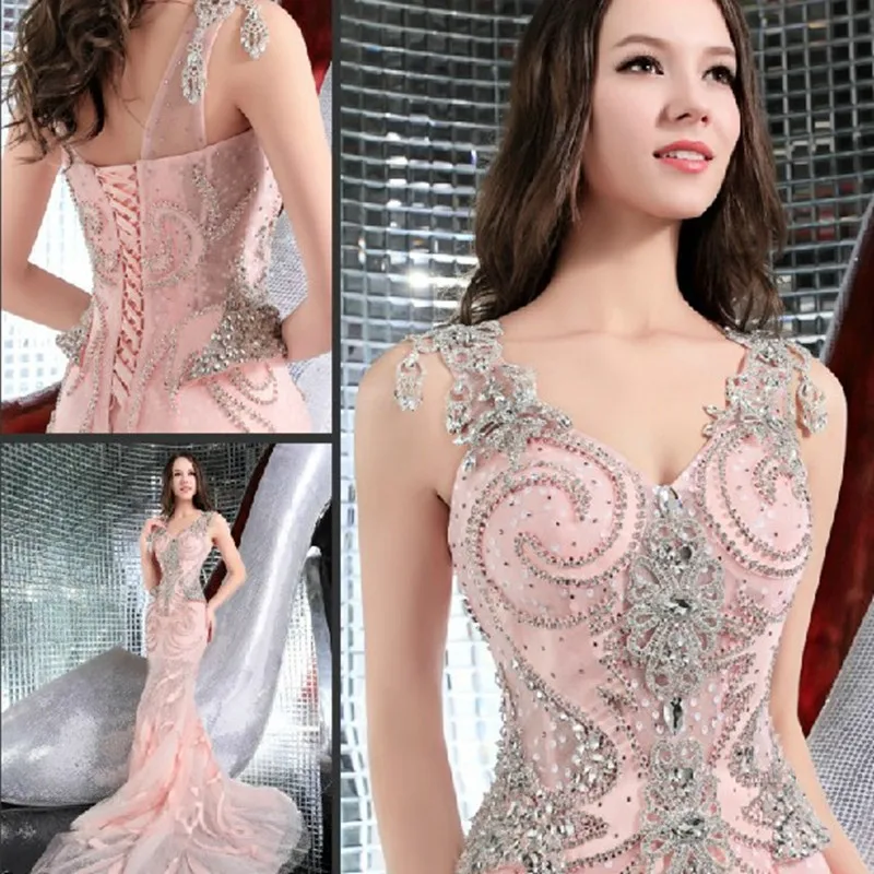 Custom Made Pink Mermaid Evening Dresses Sexy V-neck Crystal Diamond Beaded robes de soirée Luxury Evening Gowns EV01