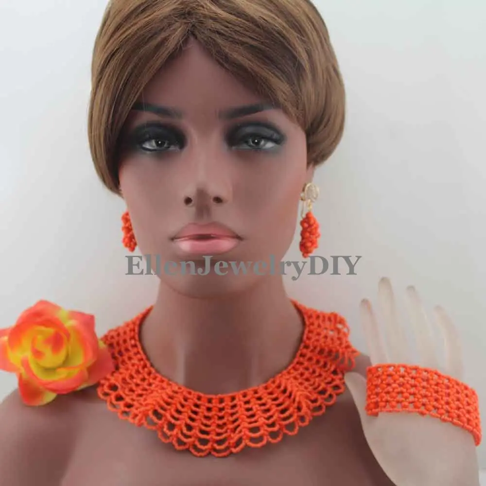 New Gorgeous Orange Crystal Beads Traditional African Wedding Nigerian Beads Jewelry Set For Women Free Shipping W13818