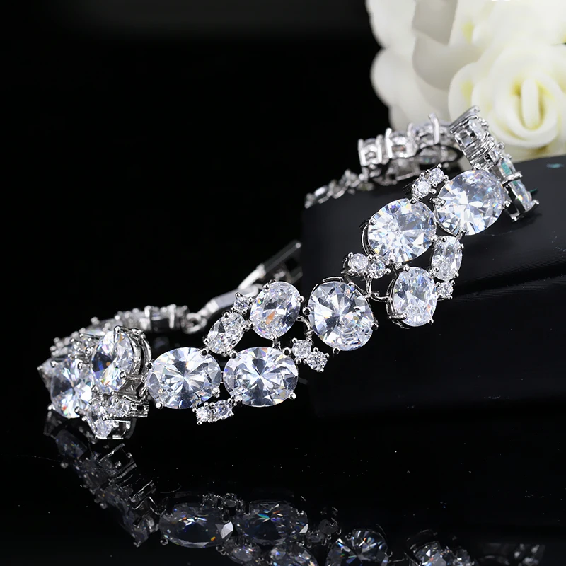 CWWZircons Stunning Oval African Cubic Zirconia White Gold Color Big Wide Bridal Wedding Bracelets Jewelry for Brides Gift CB001