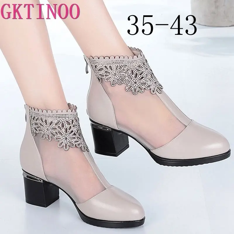 GKTINOO Fashion Sandals Mesh Genuine Leather Shoes Woman High Heel Sandals 2025 New Breathable Cool Boots Summer Women Sandals