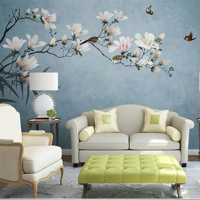 

wellyu papel de parede para quarto Custom wallpaper New Chinese Handmade Yulan Flower Birds Wall TV Background Wall behang