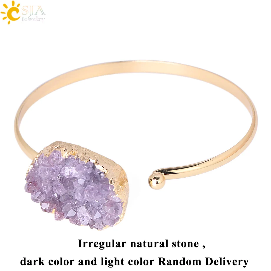 CSJA Fashion Cuff Bracelet for Women Natural Stone Purple Quartz Crystal Half Open Gold Color Bangle Any Wrist Size Jewelry F347