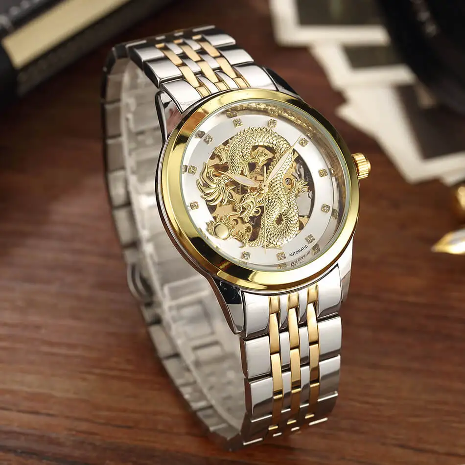 Gold Dragon Automatic Mechanical Wristwatches Full Stainless Steel Strap Luminous Luxury Crystal Skeleton Wristwatches Gifts Box