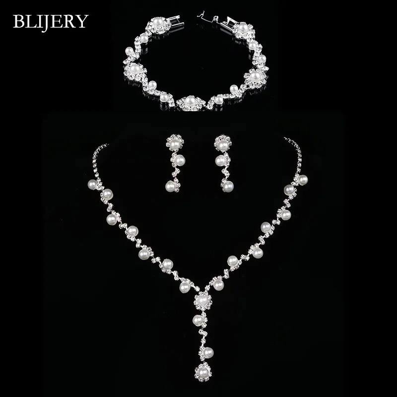 BLIJERY Simulated Pearl Crystal Bridal Jewelry Sets Silver Color Floral Necklace Earrings Bracelet Women Wedding Jewelry Sets