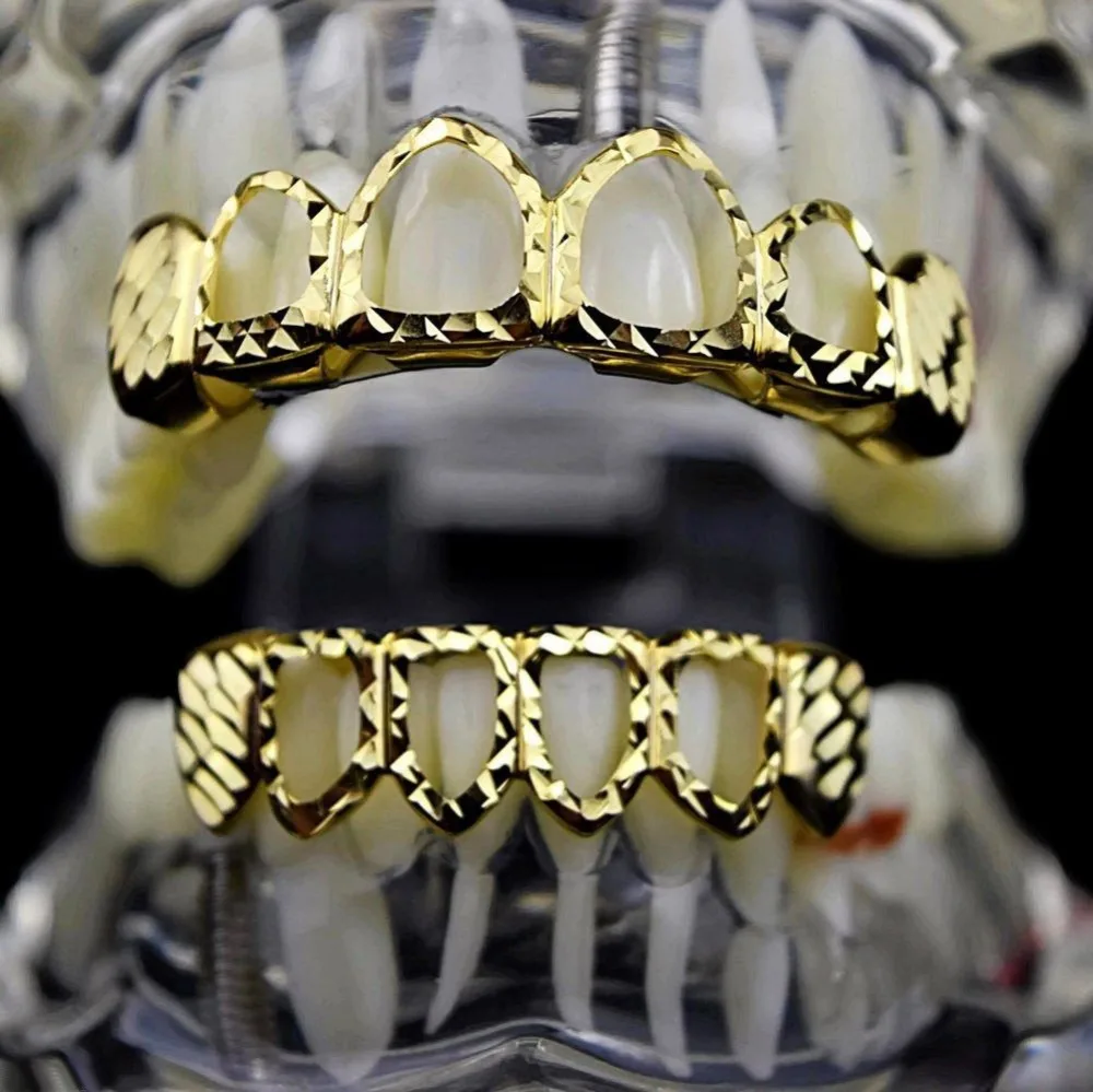 TOPGRILLZ New Gold Silver Color Hollow Open Dlampnd Cut 6 Teeth Top & Bottom Grills Braces Caps Hip Hop GRILLZ Set Party Jewelry