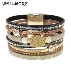 WELLMORE metal charm Leather Bracelets For Women Multiple Layers stone wrap Bracelets women girl gifts fashion Jewelry wholesale