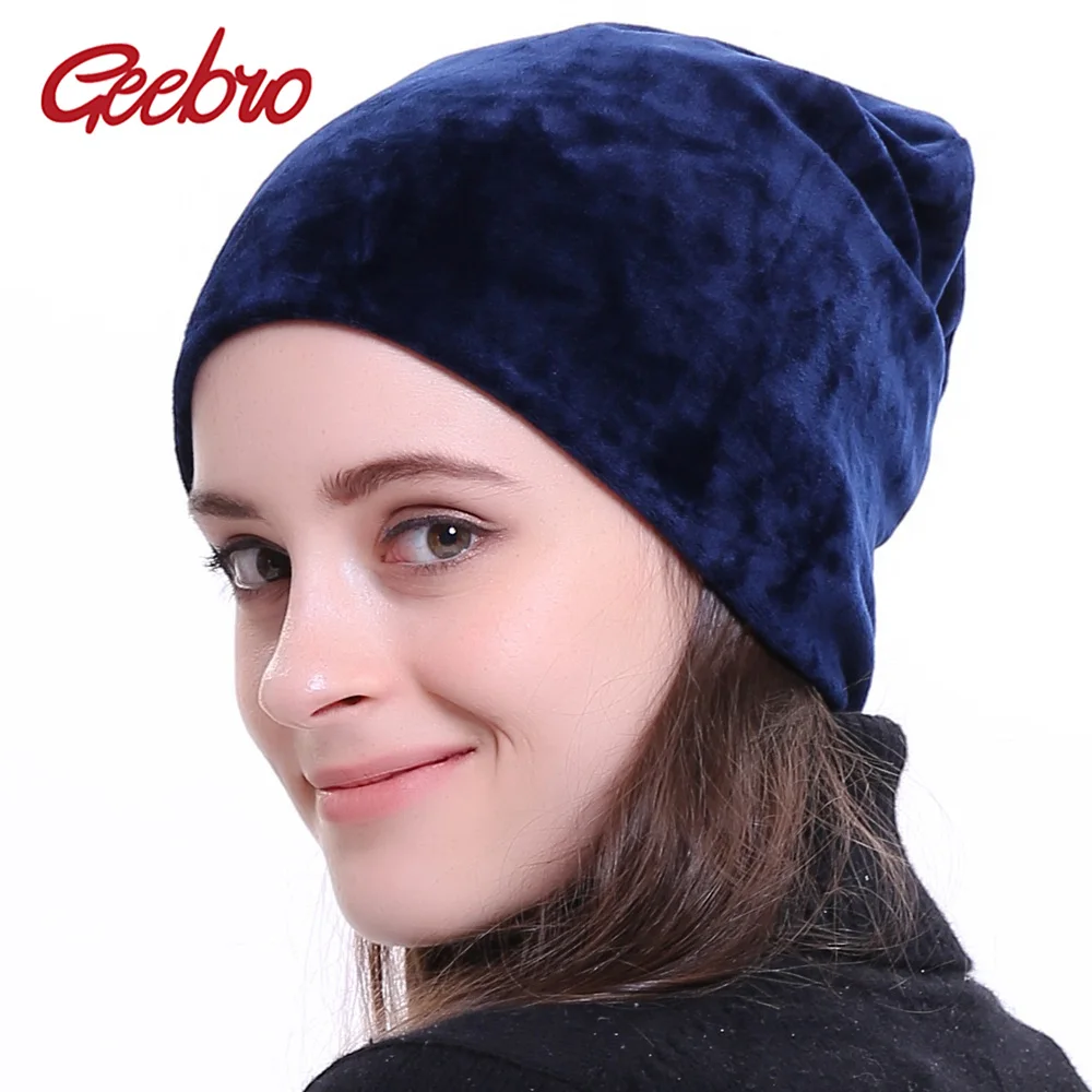 Geebro Women's Velour Beanie Hat Winter Polyester Soft Warm Slouchy Beanie for Women Ladies Velvet Balavaca Skullies Hats JS277M