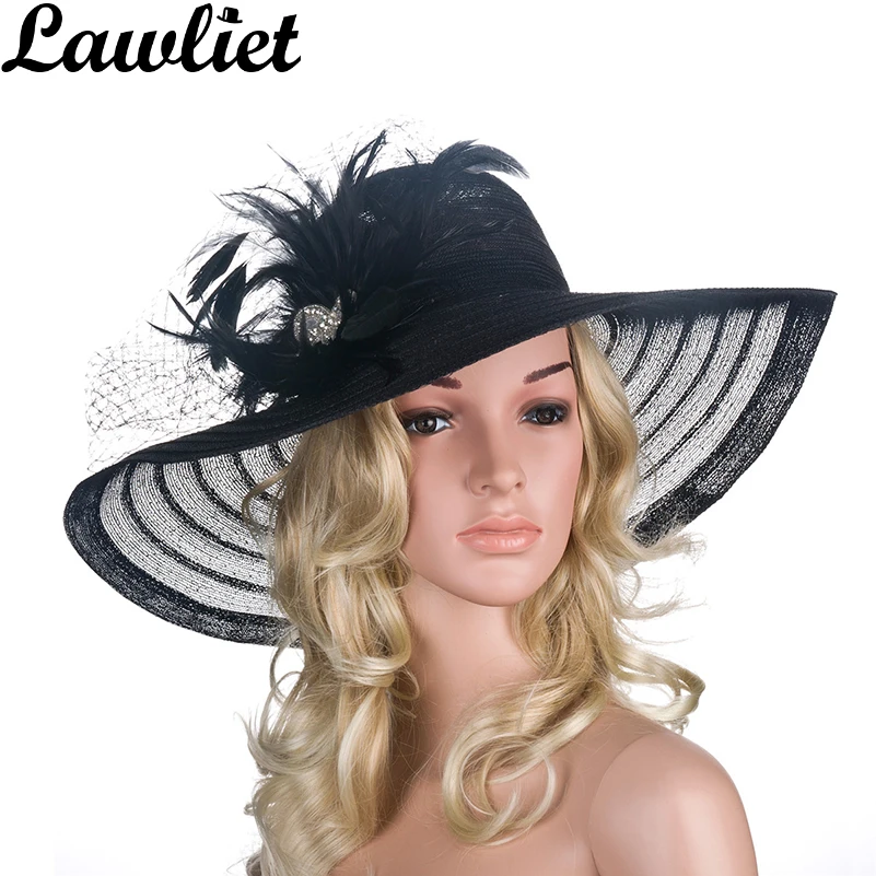 Lawliet Women Dress Hats Church Wedding Kentucky Derby Wide Brim Feather Veil Sun Hat Female Floppy Hats for Summer A265