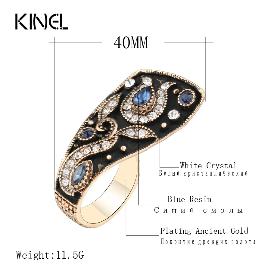 Kinel Unique Vintage Wedding Ring Jewelry Black Enamel Color Ancient Gold Party Blue Rings For Women Luxury Crystal Gifts