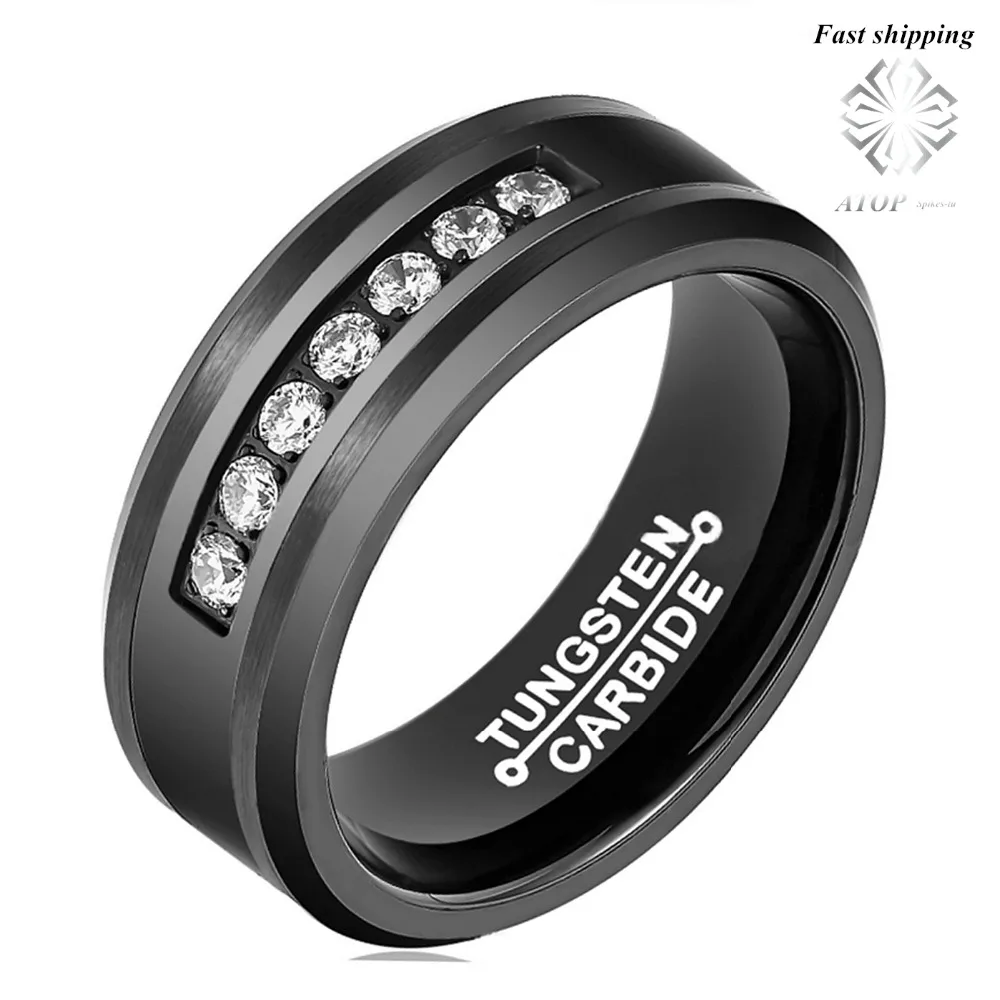 8mm Black Tungsten Carbide Ring Diamonds Inlay Comfort Fit Wedding Band Bridal