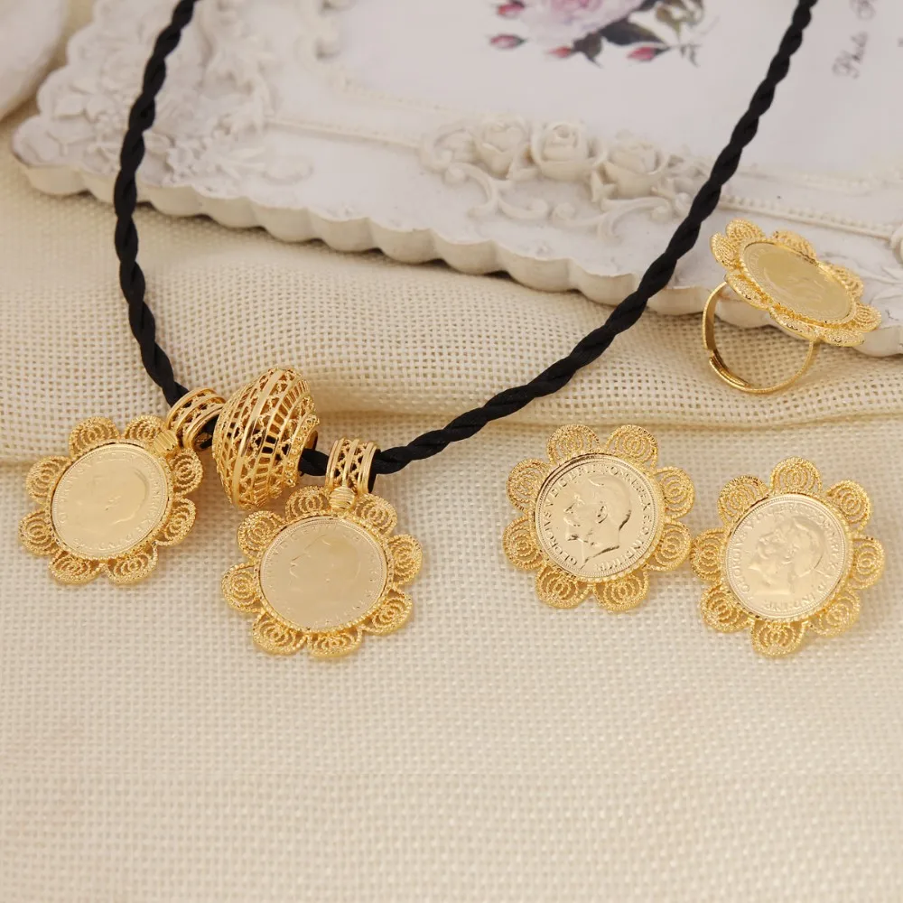 

Sky talent bao Ethiopian Big Coin Cross Pendant Necklace Earring RingJewelry Gold GF African Eritrea Habesha Jewelry Sets