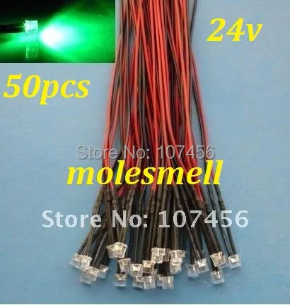 

Free shipping 50pcs 5mm Flat Top Green LED Lamp Light Set Pre-Wired 5mm 24V DC Wired 5mm 24v big/wide angle green led